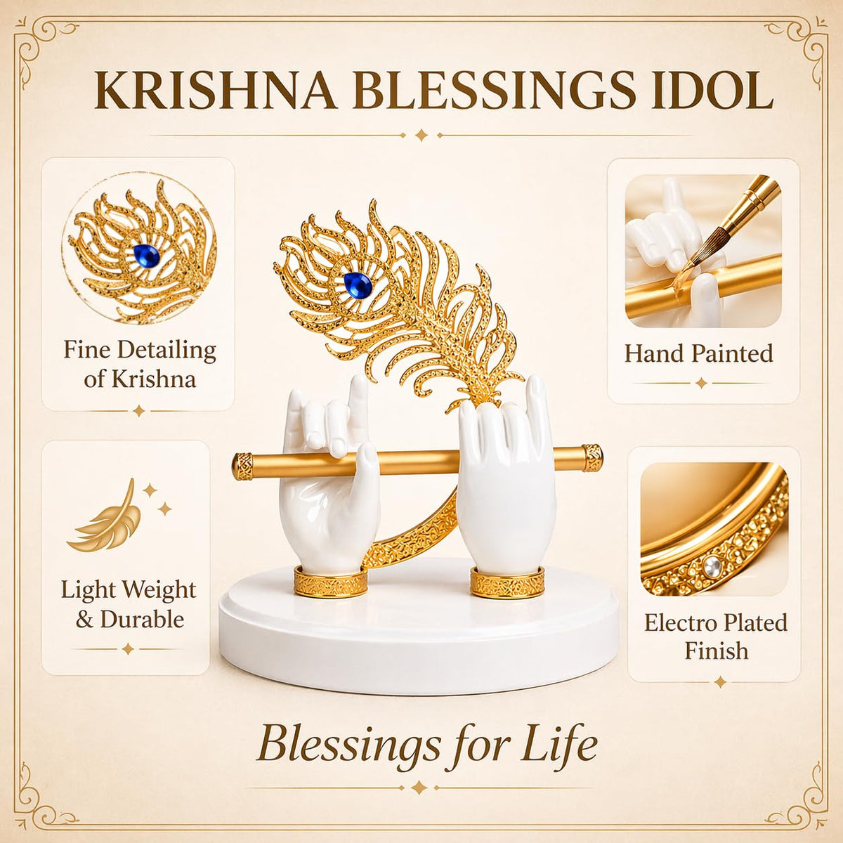 Goldplated Krishna Hand with Flute Idol Peacock Feather Mor Pankh Showpiece,Housewarming Gift, Birthday Wedding Anniversary Janmashtam