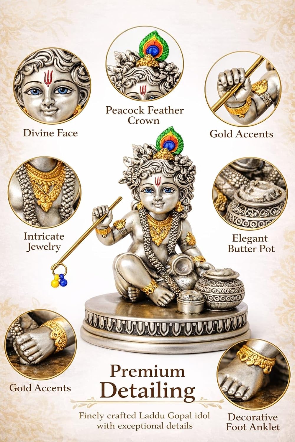 Laddu Gopal Murti - 999 Silver Plated Bal Krishna Idol for Home Temple & Pooja Room - Ideal for Janmashtami, Housewarming