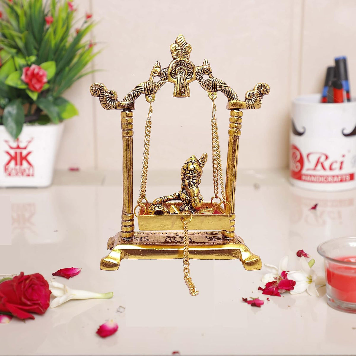 Gopal on Jhulla Palana Metal Statue Gold Plated Decor Your Home,Office Metal Krishna Murti,Showpiece Figurines,Religious Idol Gift