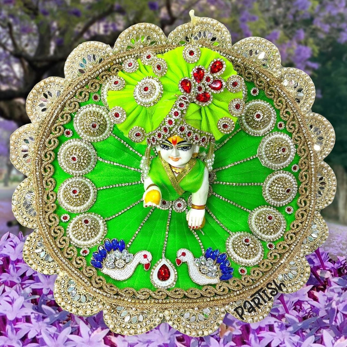 Premium Laddu Gopal Dress with Matching Pagdi | Festive Janmashtami Special Designer Poshak for Kanha Ji/Bal Gopal/Thakur Ji (Green, Size 5)