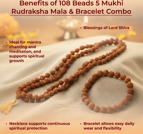 108 Beads 5 Mukhi Rudraksha Mala & Bracelet Combo
